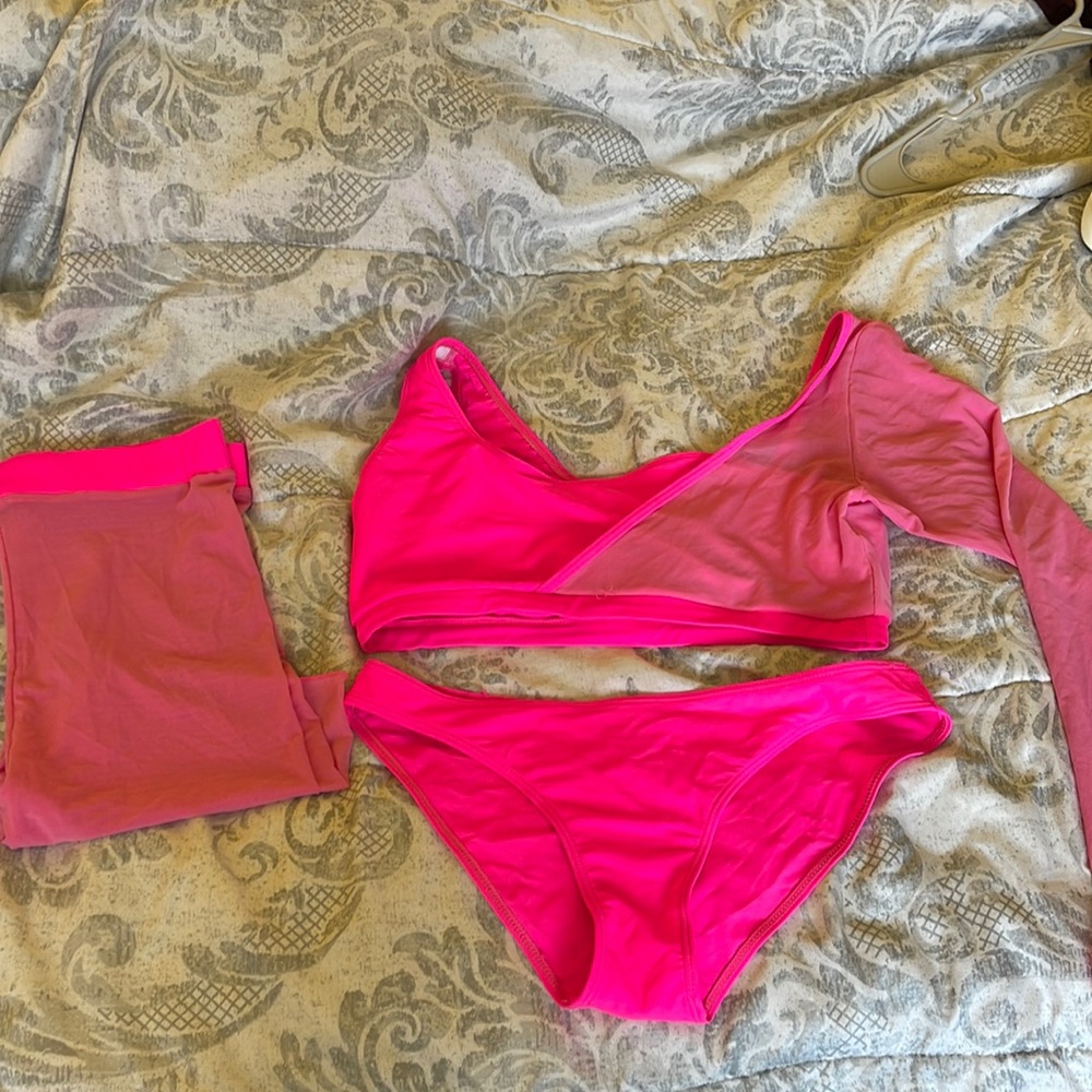 SHEIN 3 piece neon pink swim suit Mesh